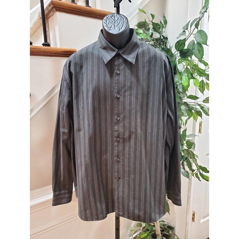Perry Ellis Men Gray Striped Cotton Collared Long Sleeve Buttons Down Shirt 2XL